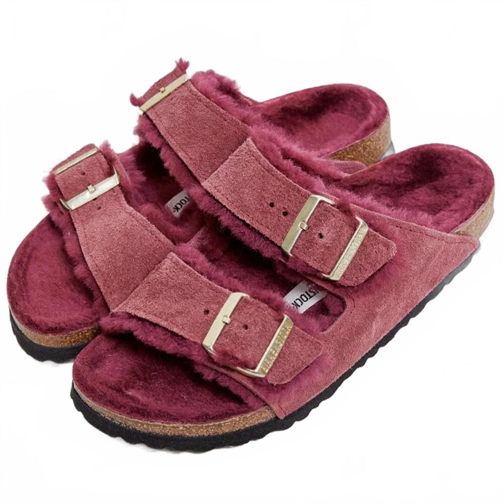 Birkenstock Arizona Shearling Suede Slide Sandal Maroon Red NIB Size 5-5.5/36EU